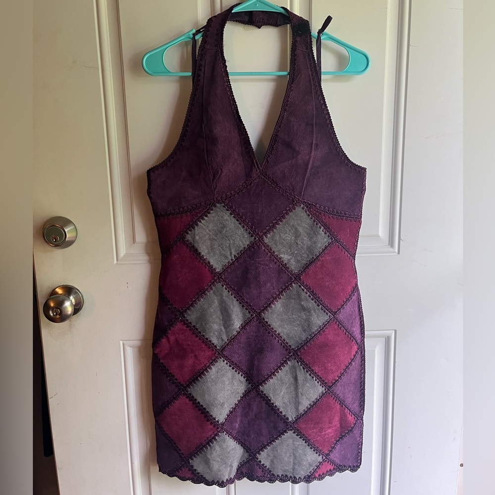Vintage Leather Purple and Gray Patchwork Dress